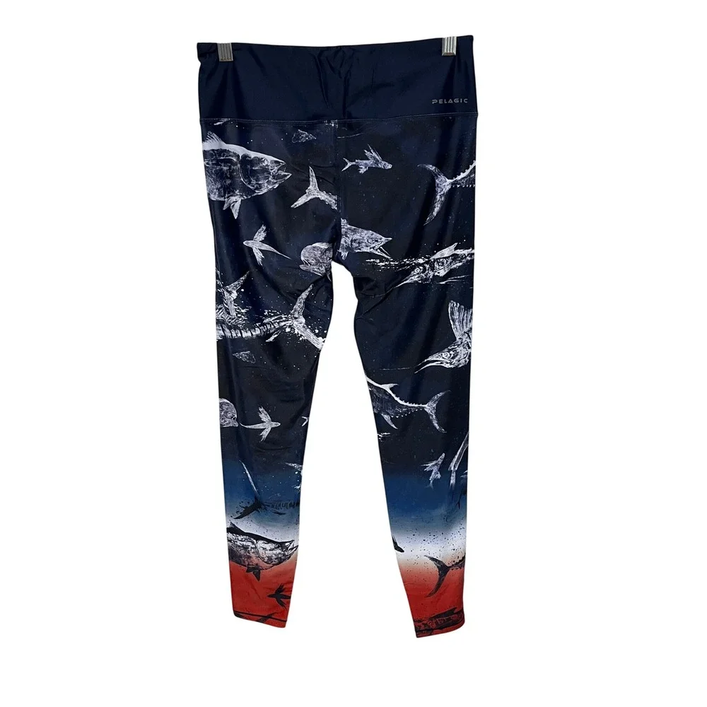 Pelagic Maui Leggings Women Size M Blue Gyotaku Fade Fish Print Dwight Hwang NEW